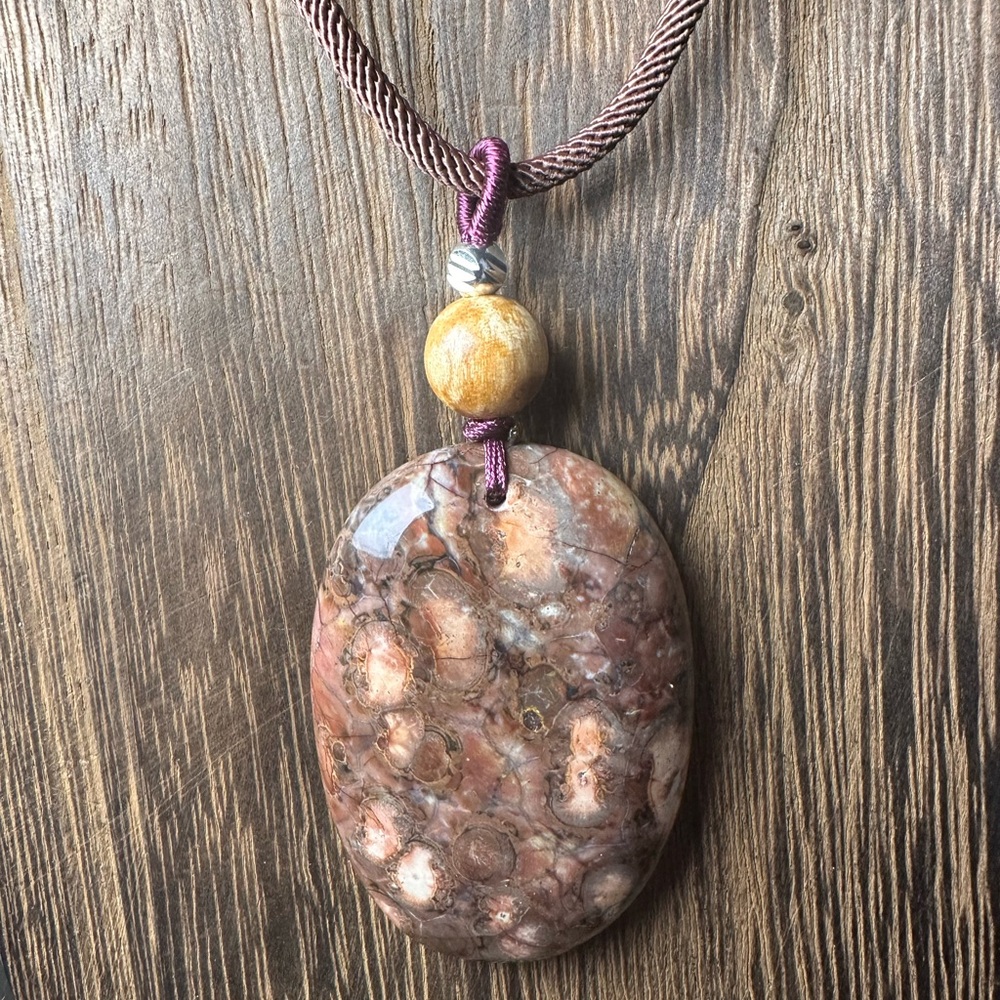 Ocean Jasper Pendant Necklace, Palo Santo Bead on Brown Rope - Picture 1 of 11